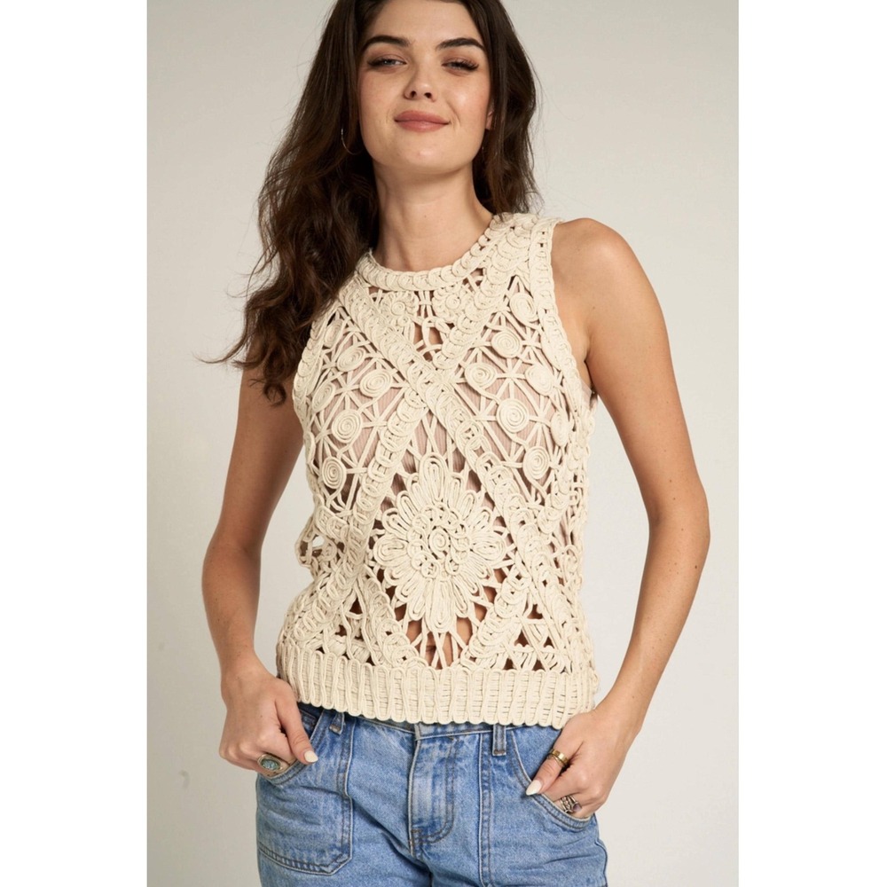 Ultra Pink Womens XL Crochet Sleeveless Top Cream Cotton Boho Floralโ Knit Tank
